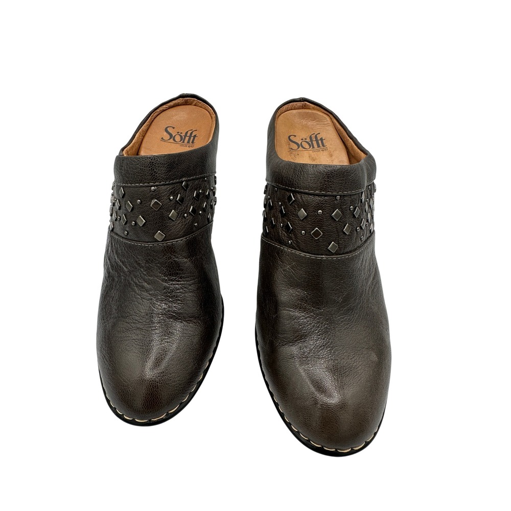 Söfft Women's Brown Leather Studded Heeled Mules Clogs Shoes Size 9M